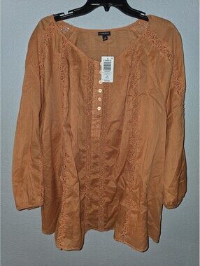 Torrid Brown Cotton Crochet V-Neck 3/4 Sleeve Woven Button Blouse 3X